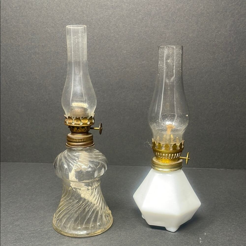 Vintage Hexagon Milk Glass and Clear Glass Miniature Oil Lamp bundle